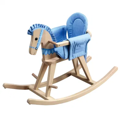 Cavallo a dondolo in legno con imbottitura di sicurezza rimovibile Naturale / Blu